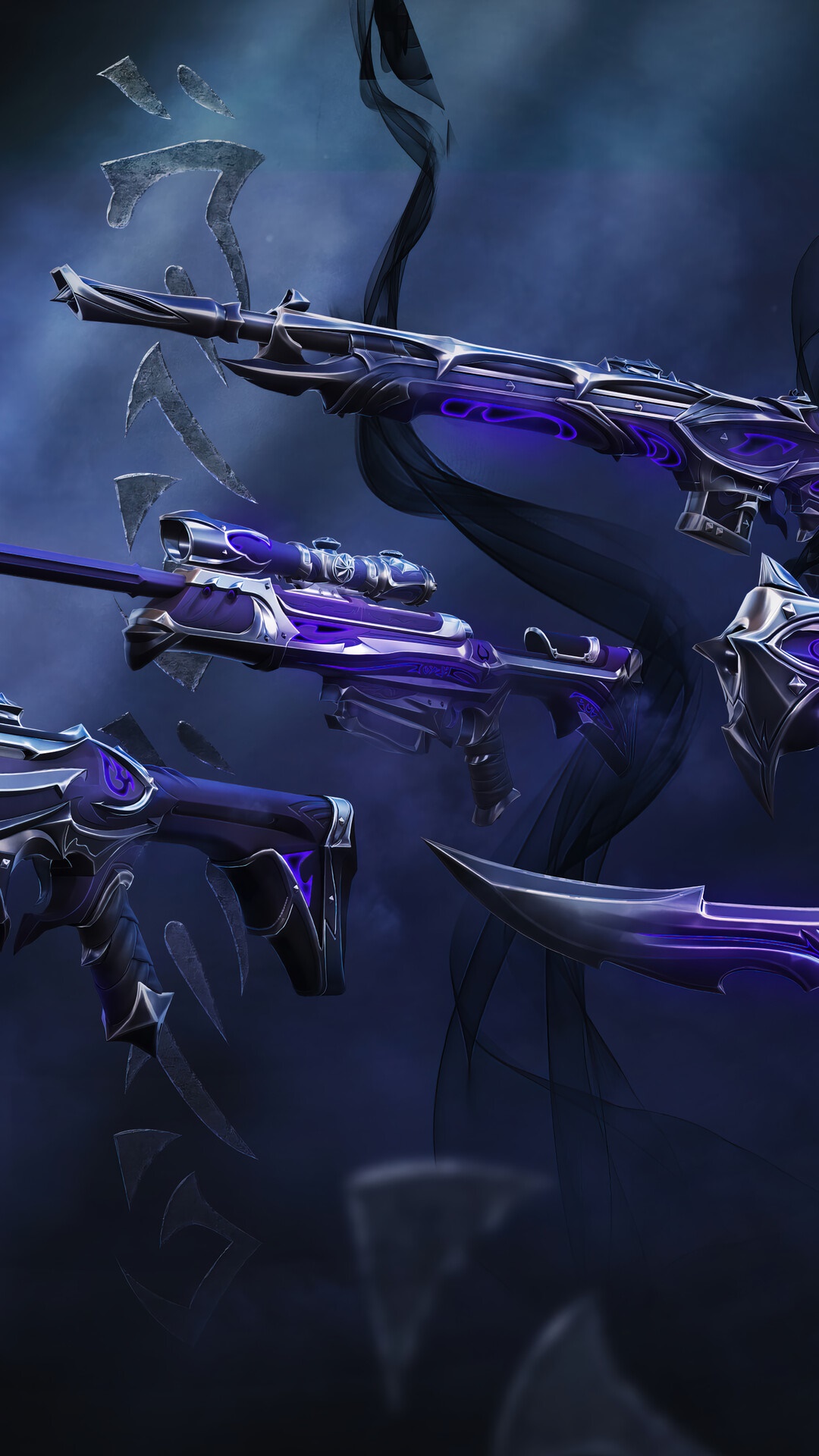 Valorant weapons with purple accents and dark smoke HD Phone Wallpaper