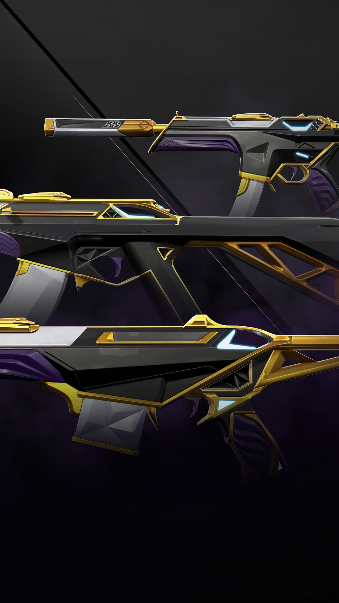 Valorant weapons with black, gold, and purple skins HD Phone Wallpaper