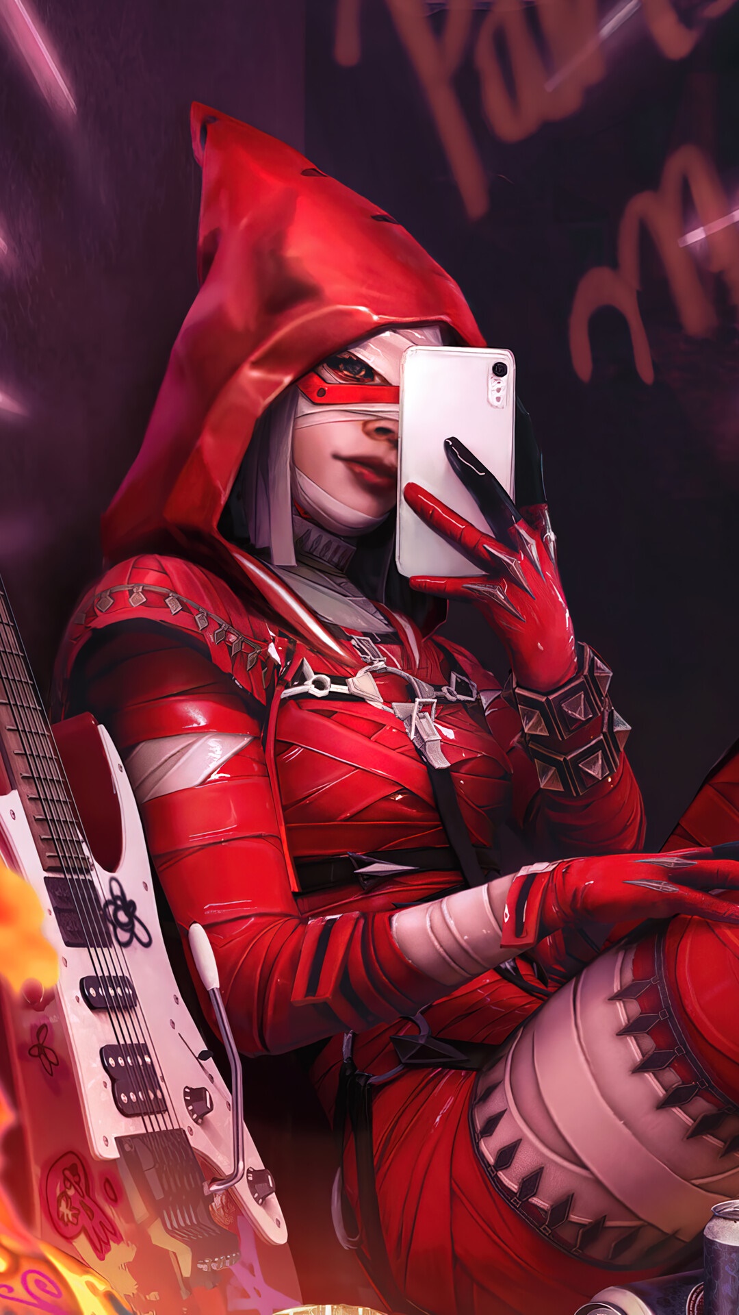 Woman in red costume taking selfie with guitar in PUBG Mobile HD Phone Wallpaper