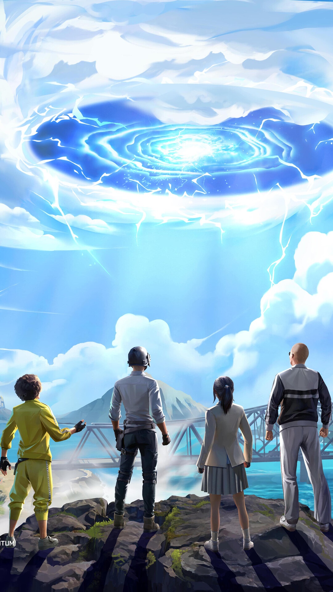 PUBG Mobile characters observe a swirling vortex in the sky HD Phone Wallpaper