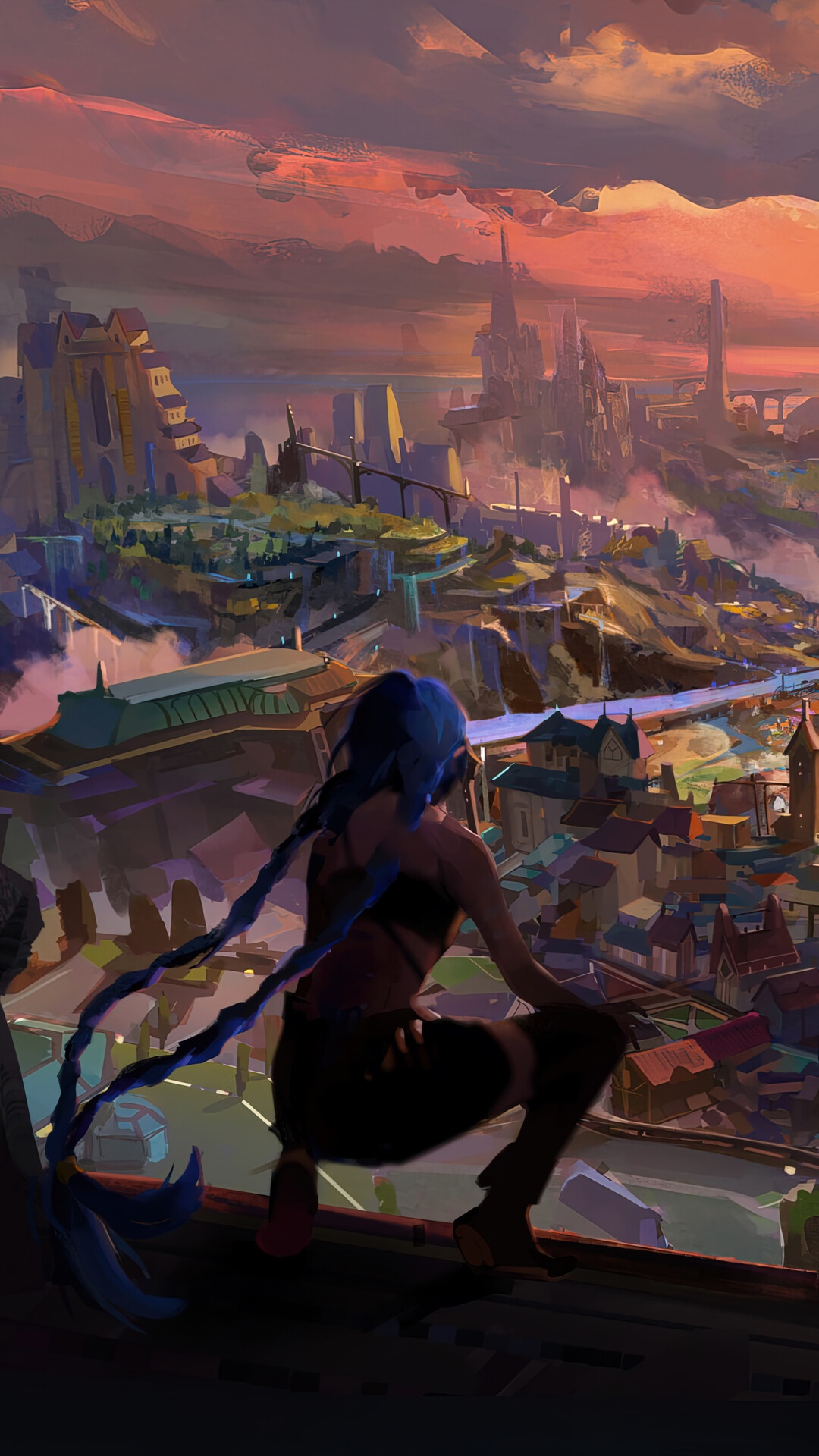 Jinx from League of Legends overlooking a city HD Phone Wallpaper