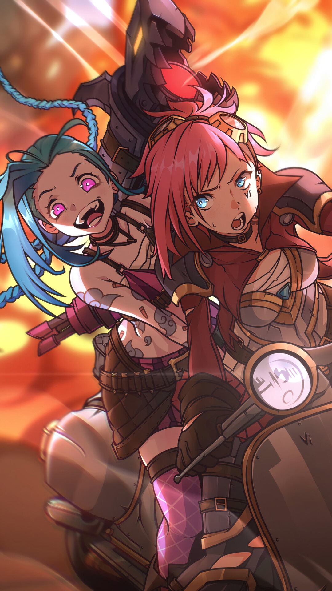 Jinx and Vi from League of Legends on a vehicle HD Phone Wallpaper