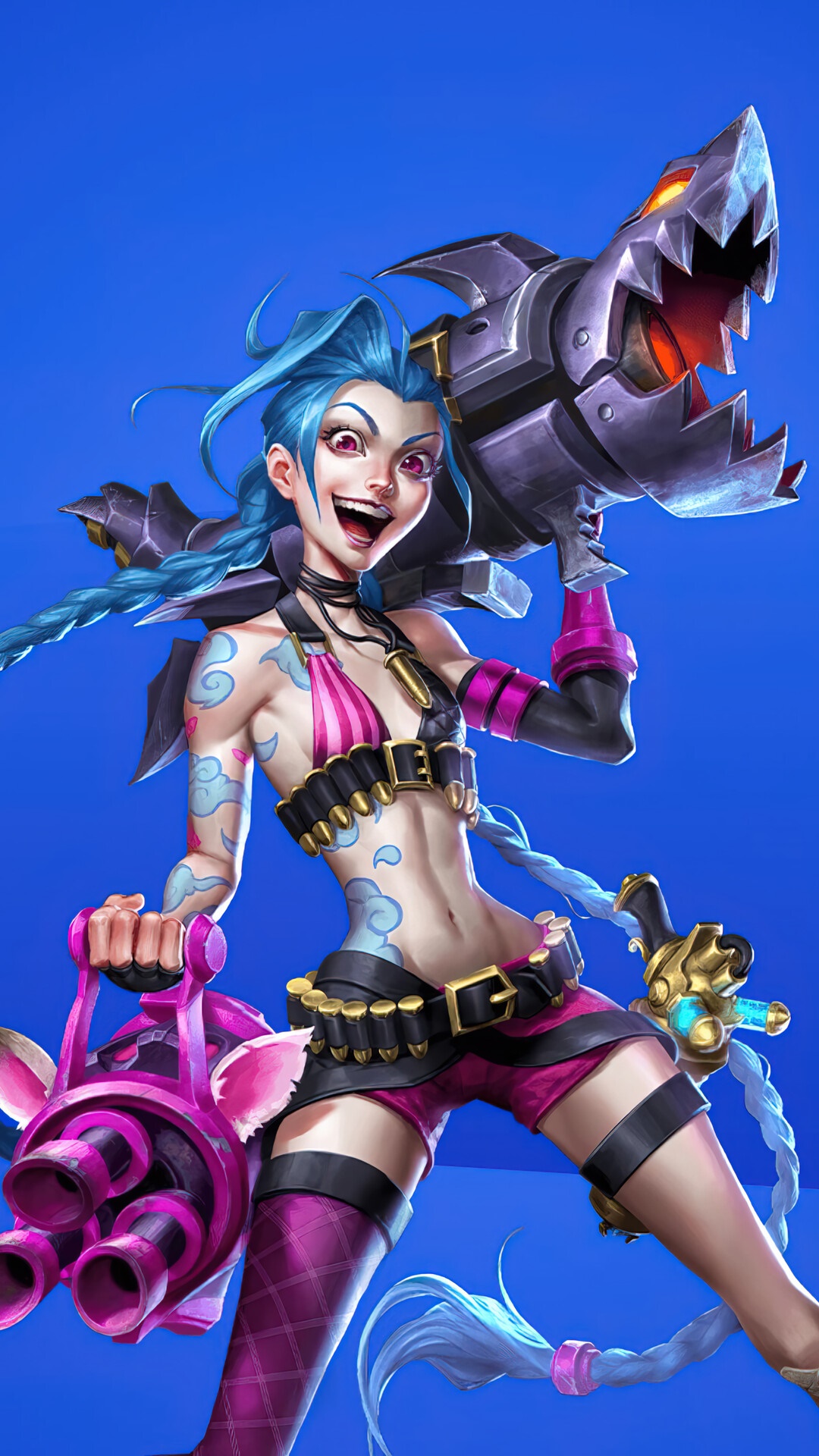 Jinx from League of Legends with weapons HD Phone Wallpaper