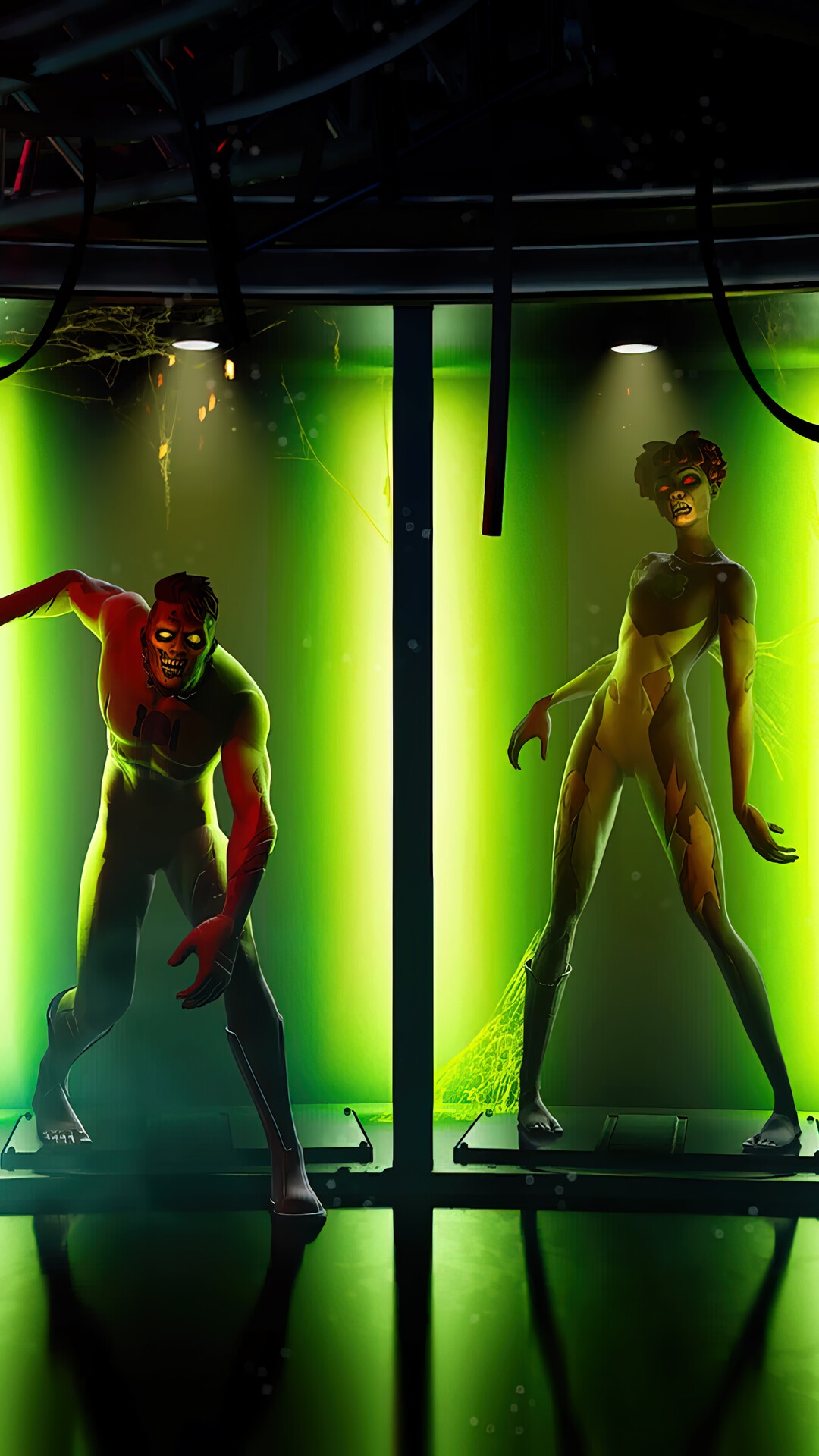 Fortnite Zombie and Superhero in Green Pods HD Phone Wallpaper