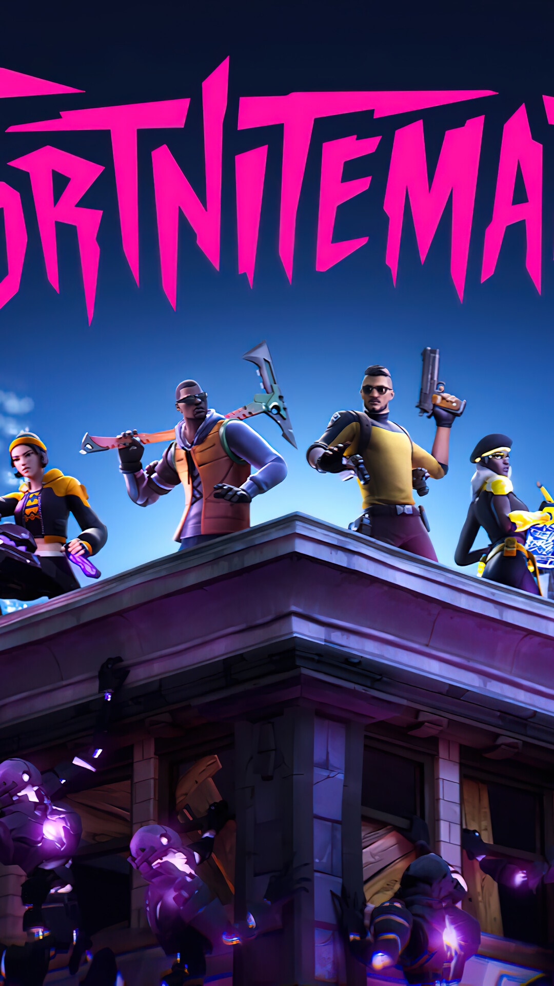 Fortnite characters on a rooftop with purple creatures HD Phone Wallpaper