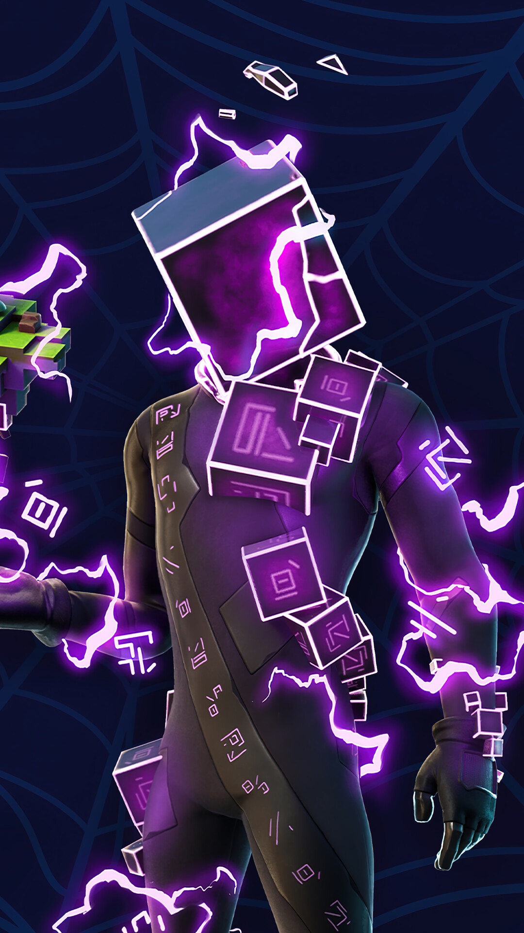 Fortnite character with purple energy and cubes HD Phone Wallpaper