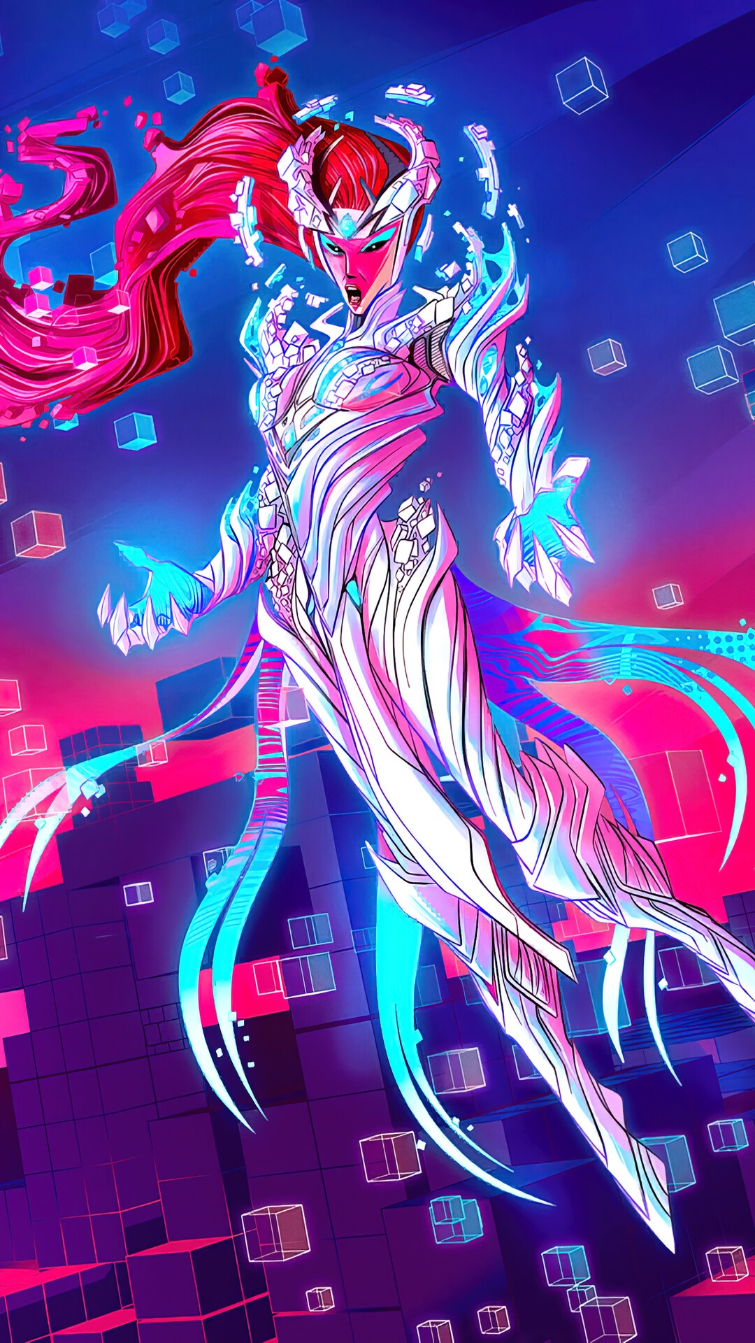 Fortnite character with glowing armor and pink hair HD Phone Wallpaper