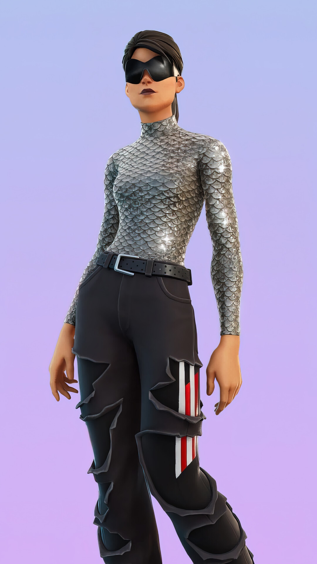 Fortnite character with silver scale top and ripped pants HD Phone Wallpaper