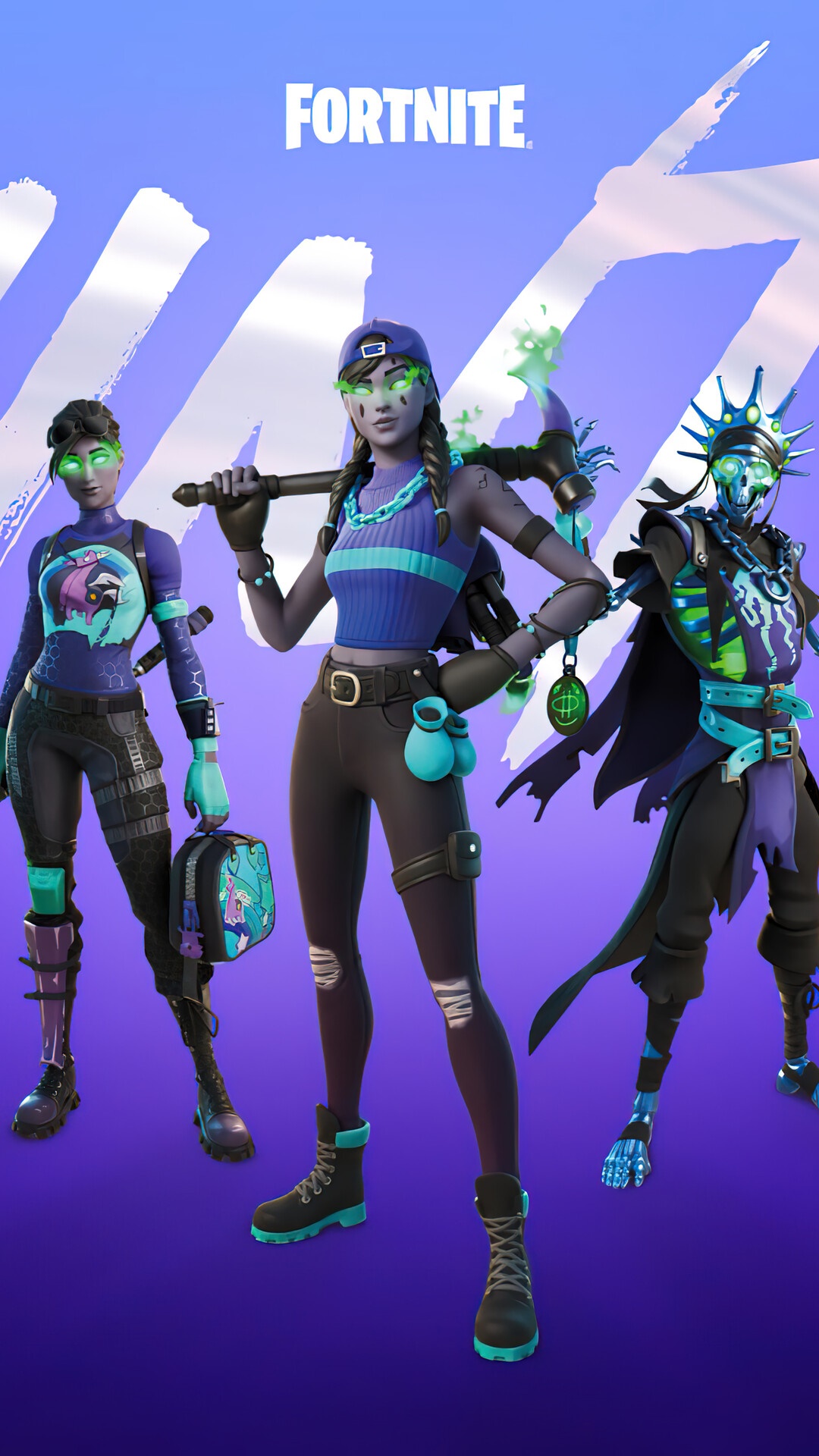 Fortnite characters with blue and green accents HD Phone Wallpaper