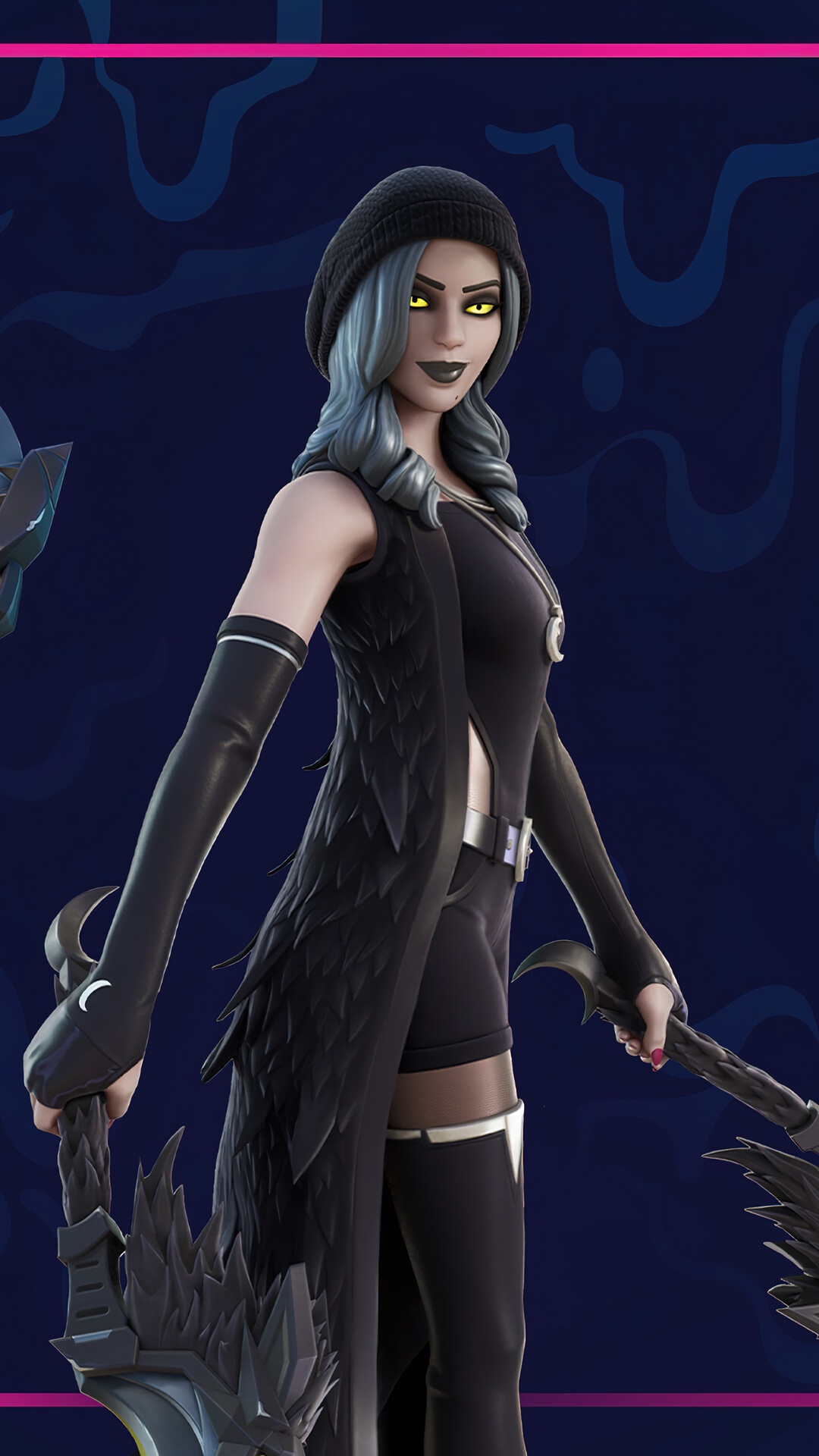 Fortnite Character with Black Outfit and Weapons HD Phone Wallpaper