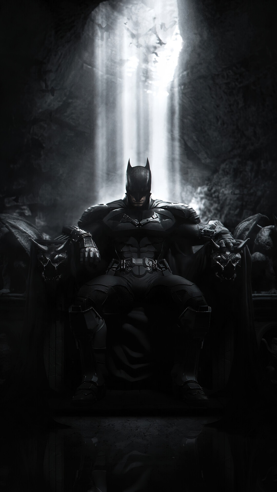 Batman sitting on a throne in a cave HD Phone Wallpaper