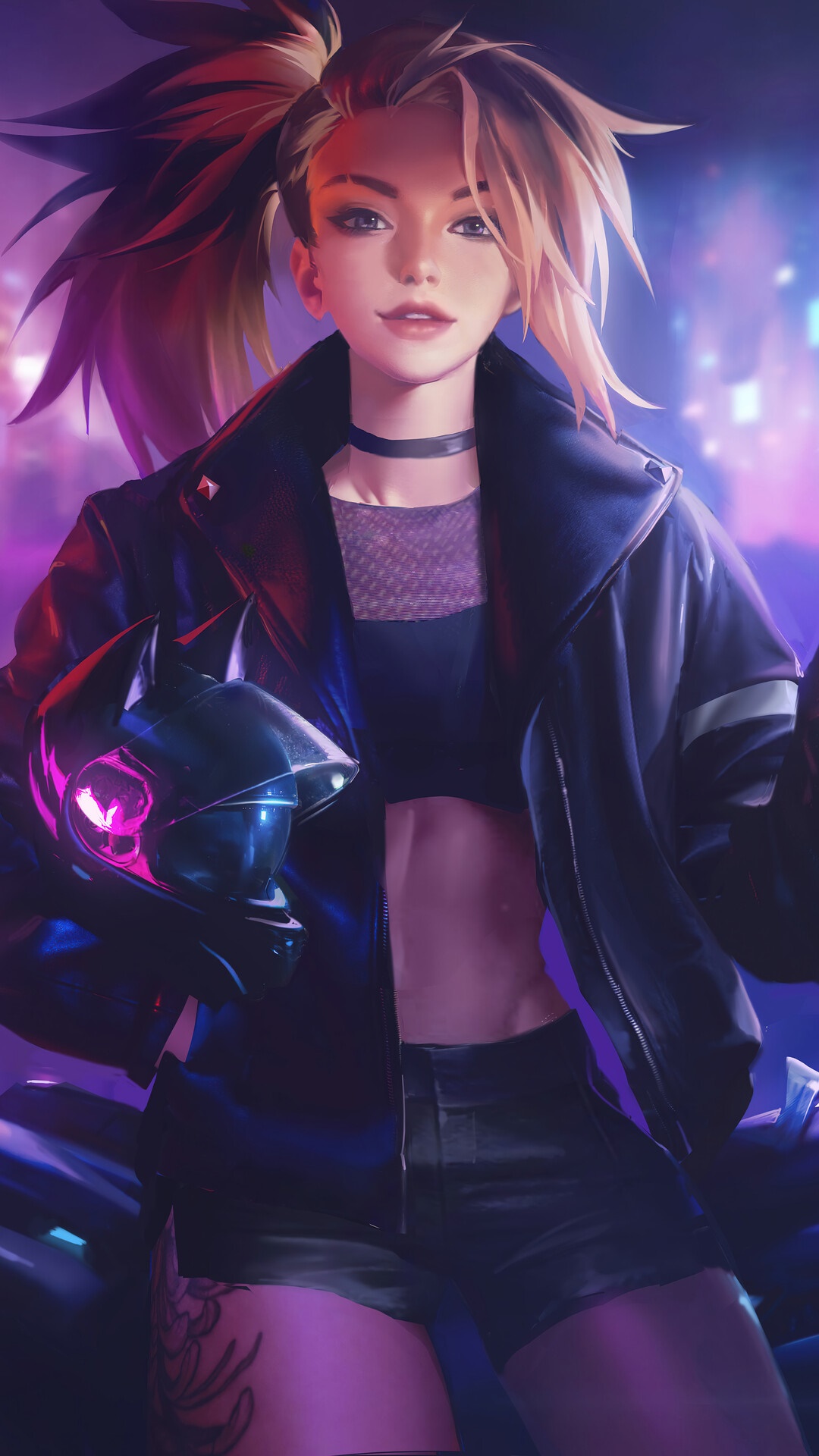 Akali from League of Legends holding a helmet HD Phone Wallpaper