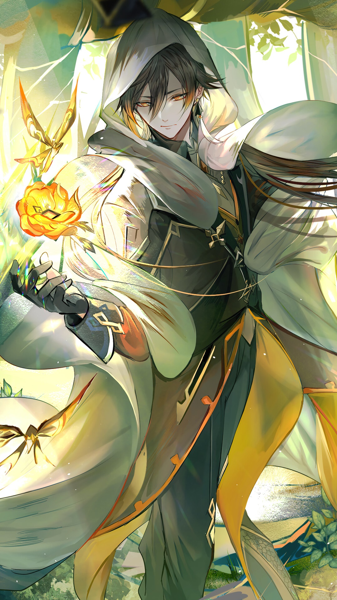 Zhongli from Genshin Impact holding a glowing flower HD Phone Wallpaper