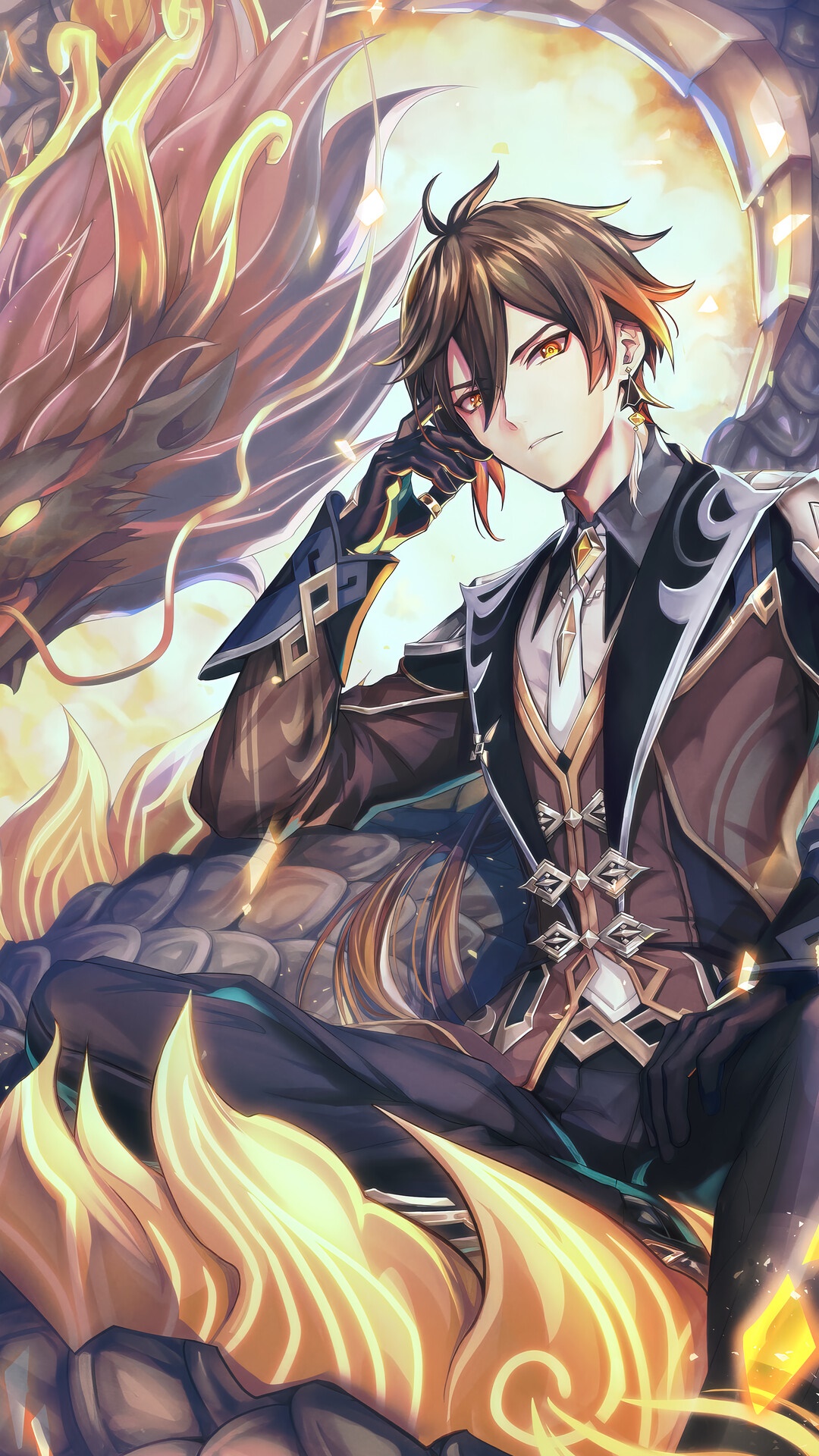 Zhongli from Genshin Impact with a dragon HD Phone Wallpaper