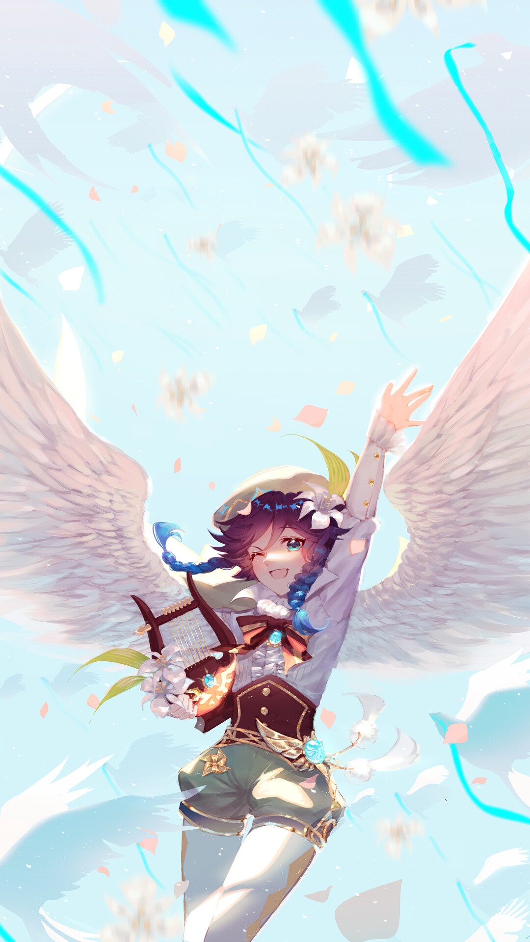 Venti from Genshin Impact with wings and lyre HD Phone Wallpaper