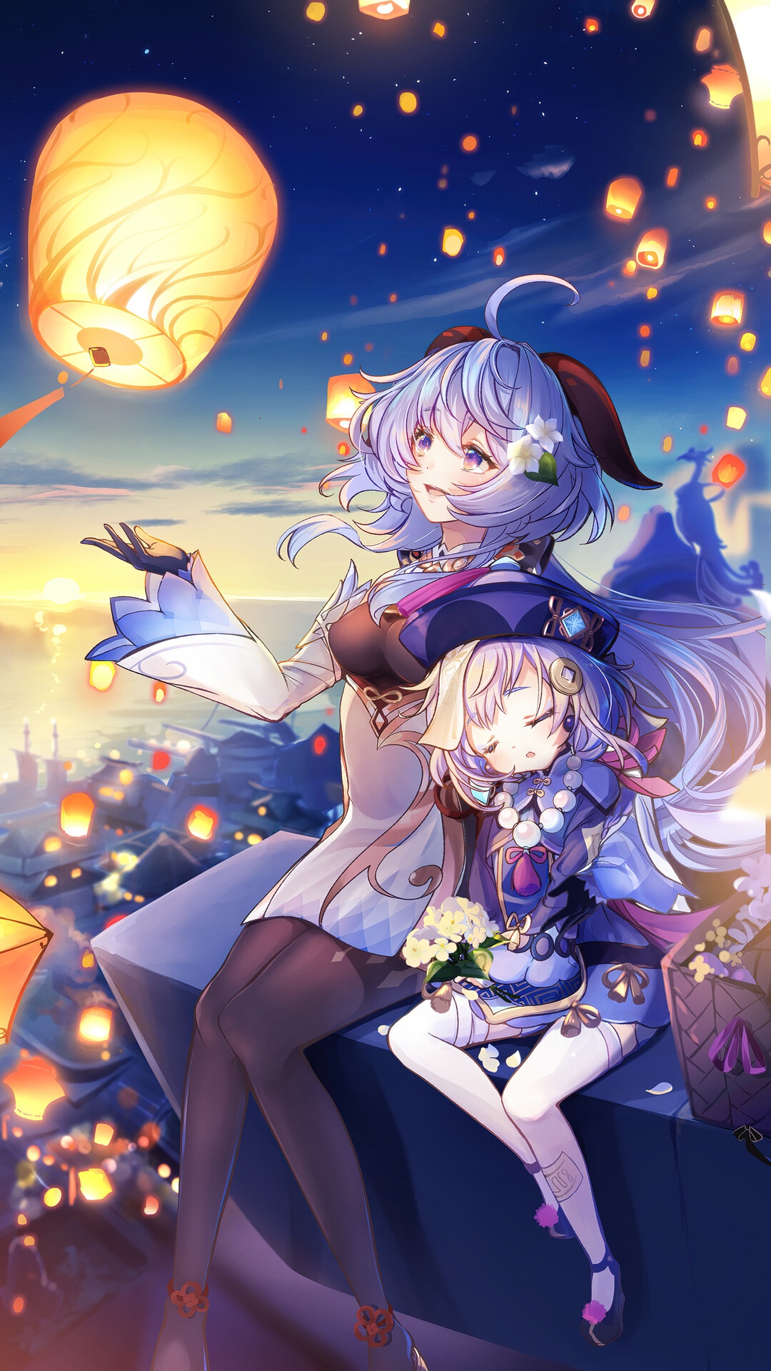 Ganyu and Qiqi from Genshin Impact with lanterns HD Phone Wallpaper