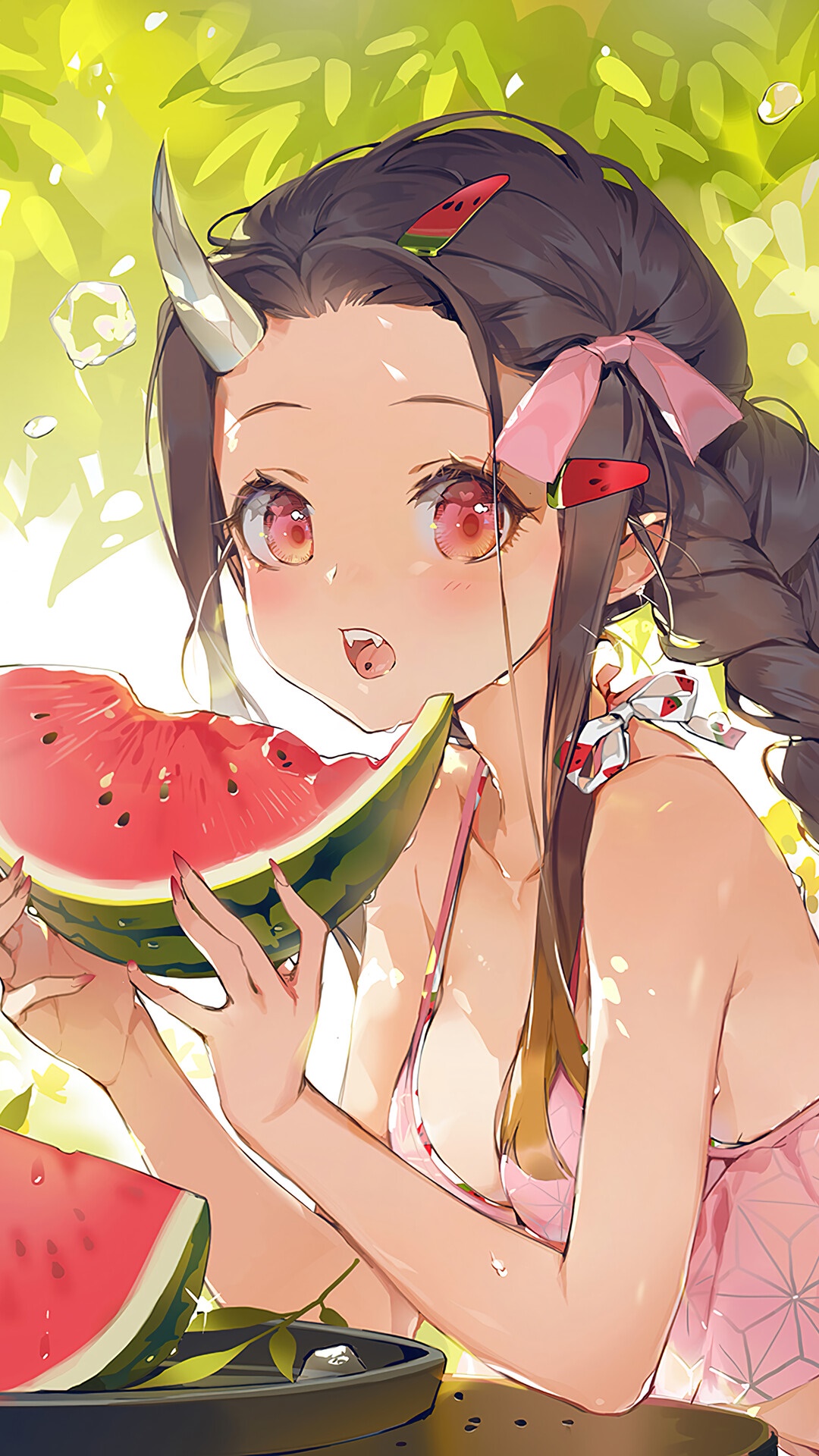 Nezuko Kamado from Demon Slayer eating watermelon HD Phone Wallpaper