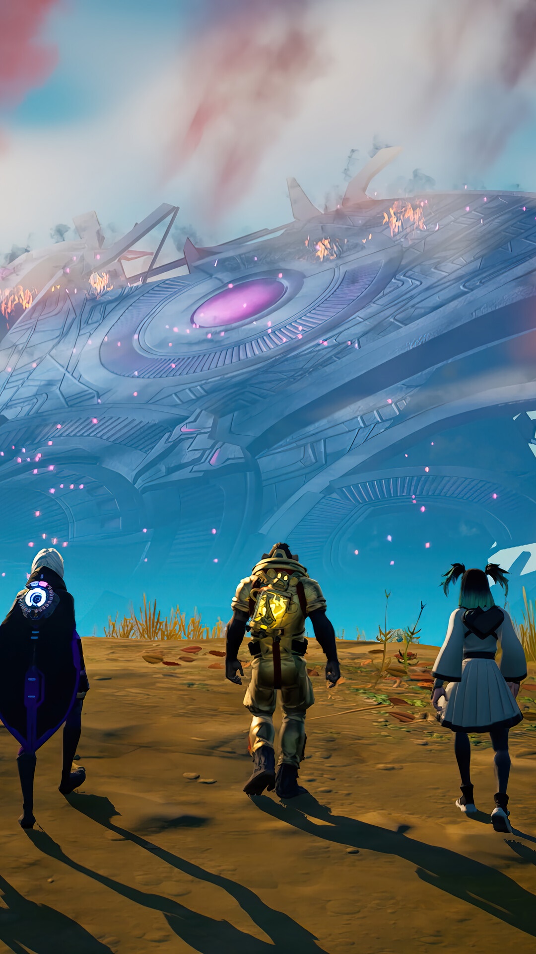 Three characters walk towards a large alien spacecraft in Fortnite HD Phone Wallpaper