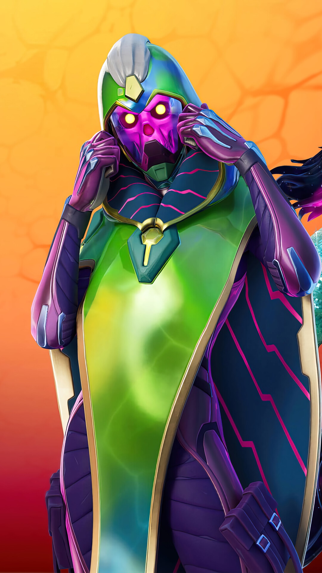 Fortnite character with purple and green suit HD Phone Wallpaper