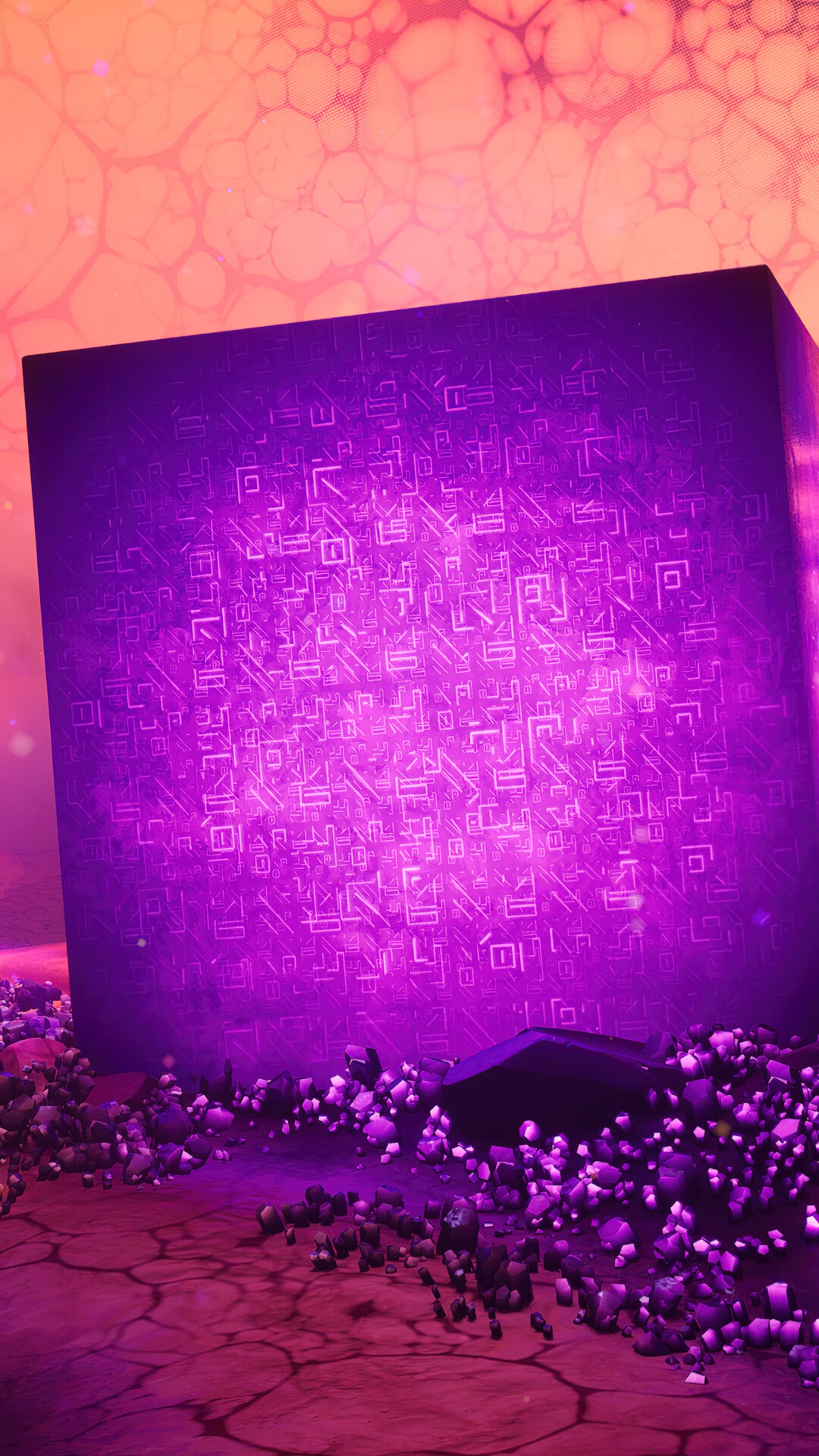 Purple Cube with Symbols in Fortnite HD Phone Wallpaper