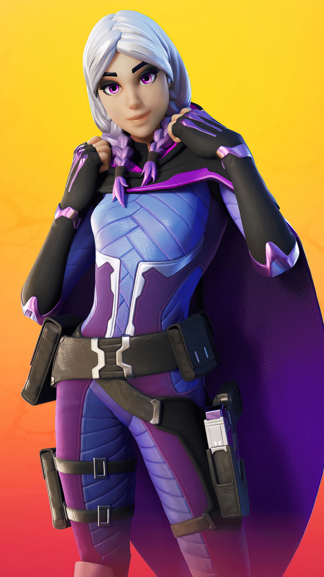 Fortnite character with purple and blue outfit HD Phone Wallpaper