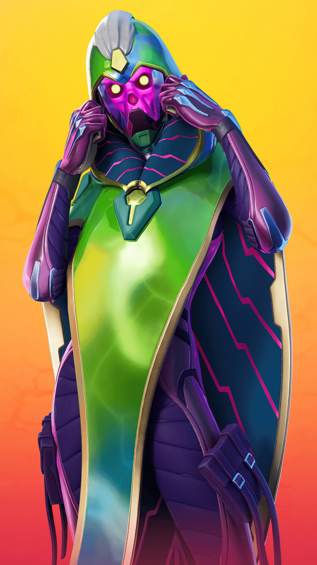 Fortnite character with purple and green suit HD Phone Wallpaper