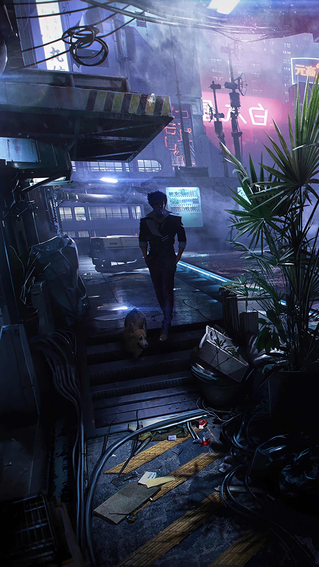 Spike Spiegel and Ein from Cowboy Bebop in a futuristic city HD Phone Wallpaper