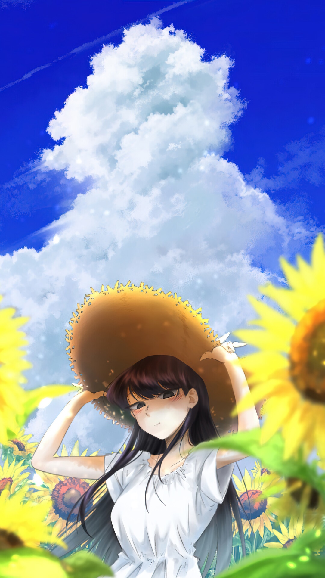 Komi Shouko from Komi Can't Communicate in a sunflower field HD Phone Wallpaper