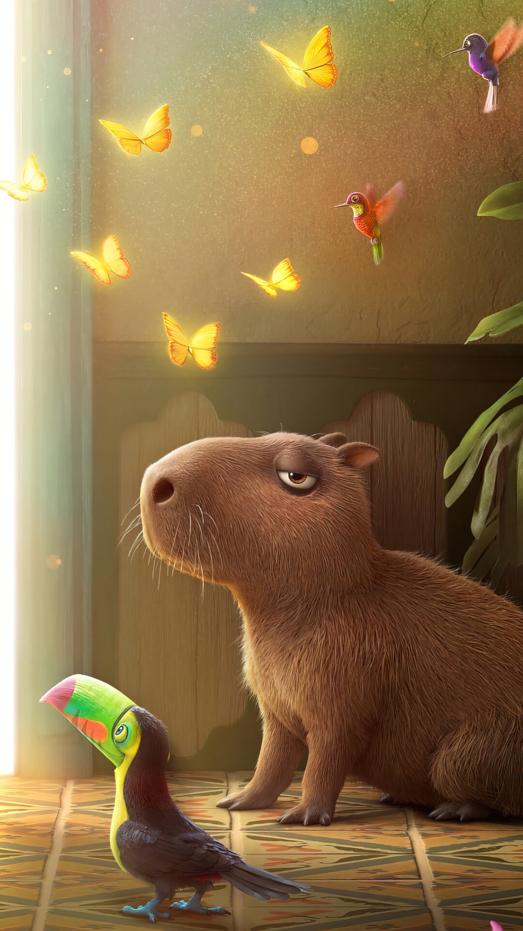 Capybara and Toucan with Butterflies and Hummingbirds HD Phone Wallpaper