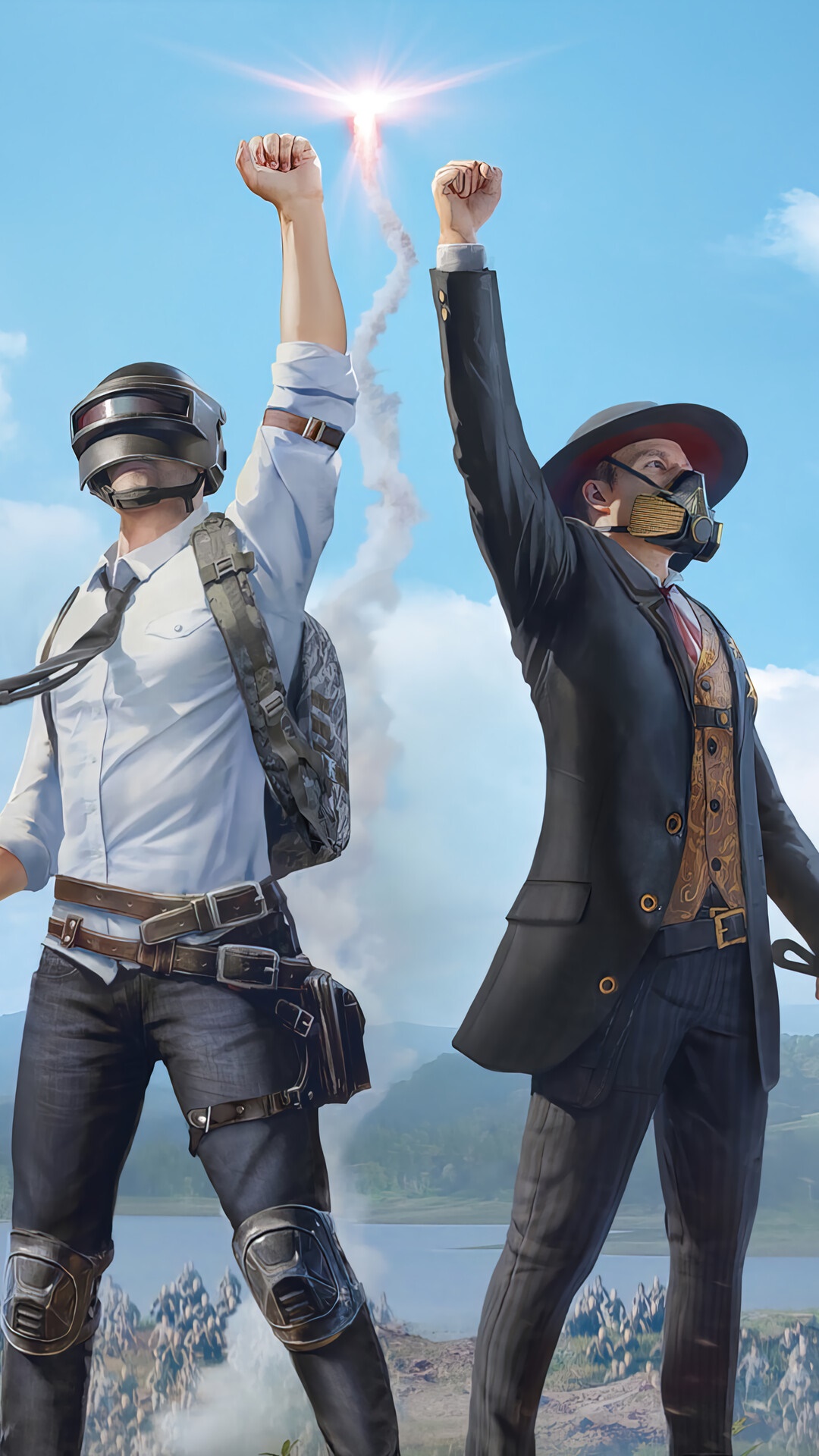 Two PUBG Mobile characters with fists raised HD Phone Wallpaper
