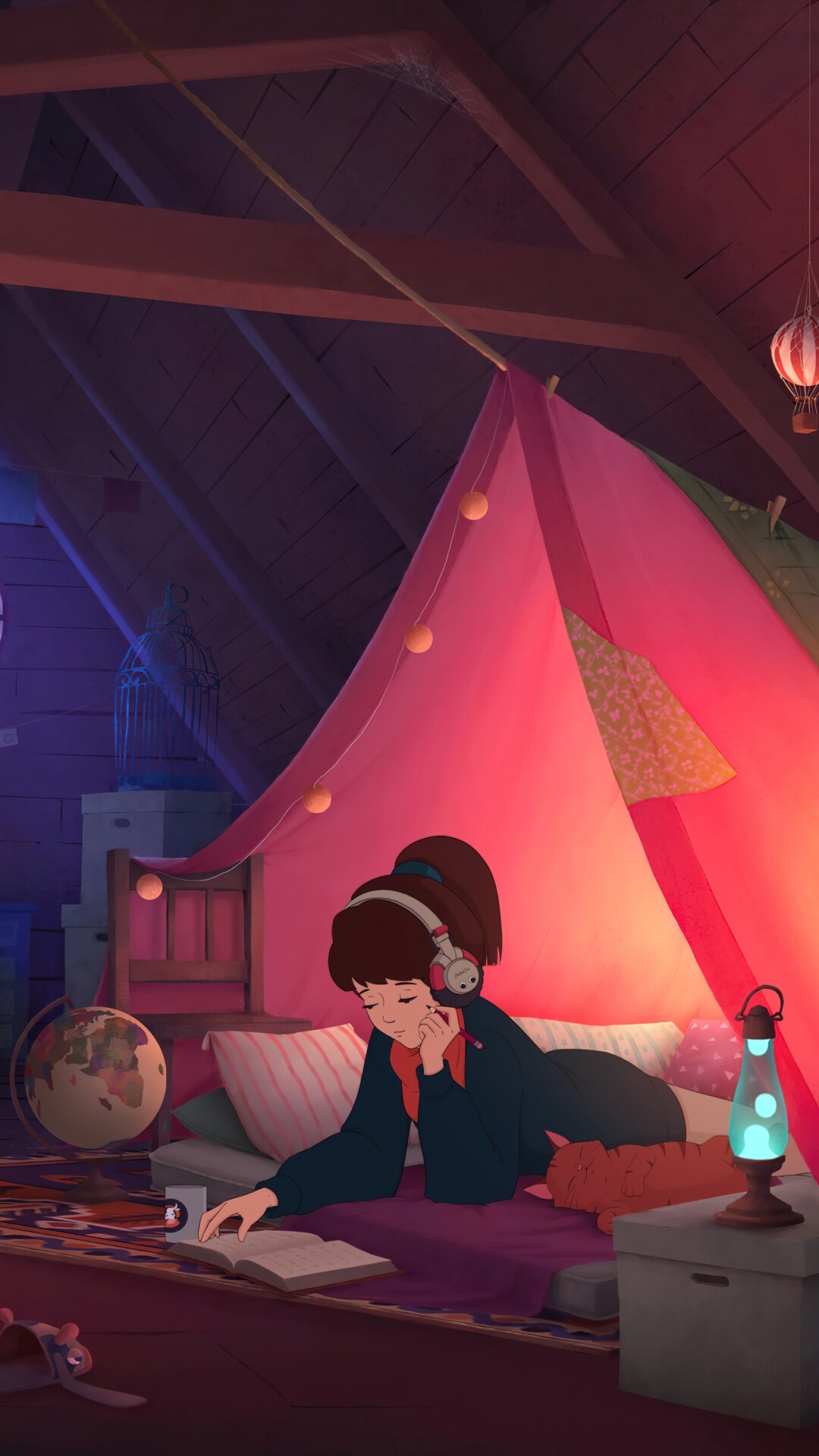 Girl in a tent reading and listening to music HD Phone Wallpaper