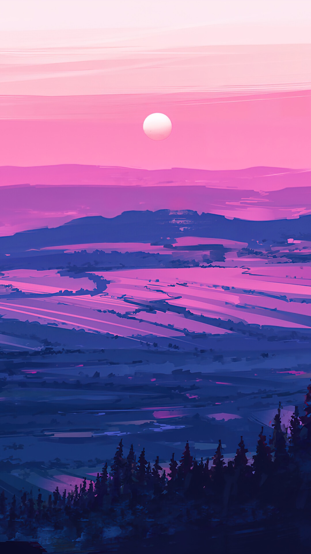 Pink and purple sunset over rolling hills and pine trees HD Phone Wallpaper
