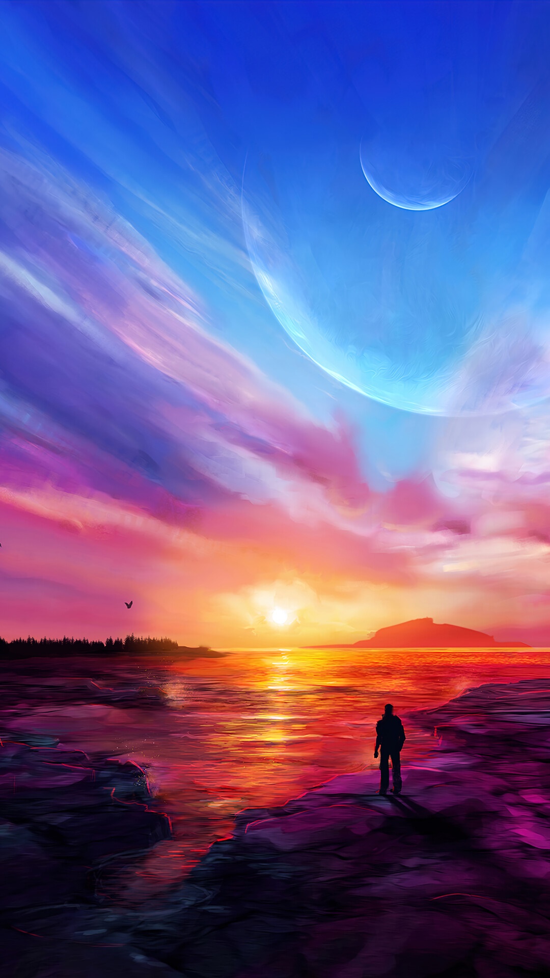 Digital art of a sunset over a body of water with a person HD Phone Wallpaper