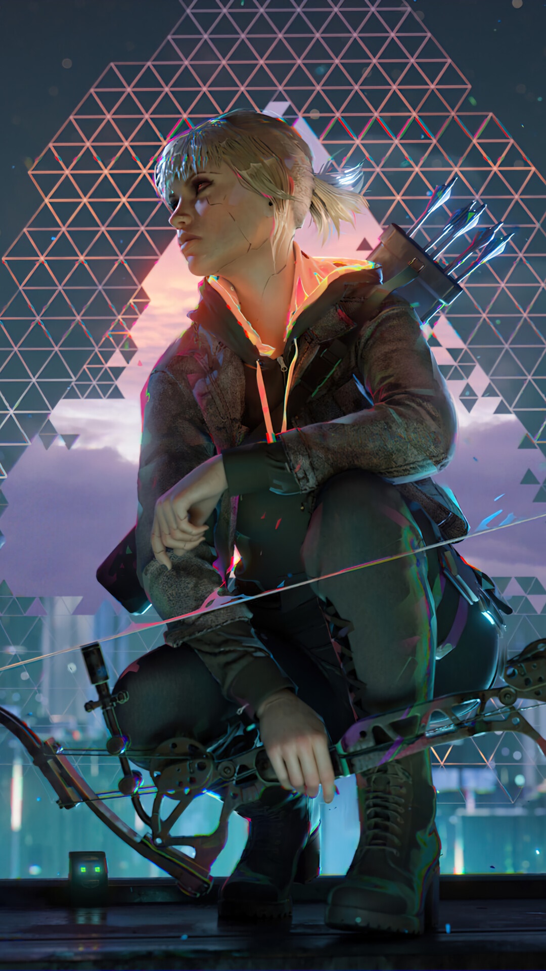 Woman with bow and arrow in cyberpunk city HD Phone Wallpaper