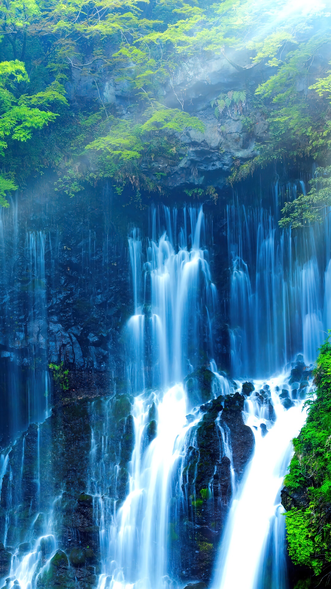 Waterfall cascading through a rocky forest HD Phone Wallpaper