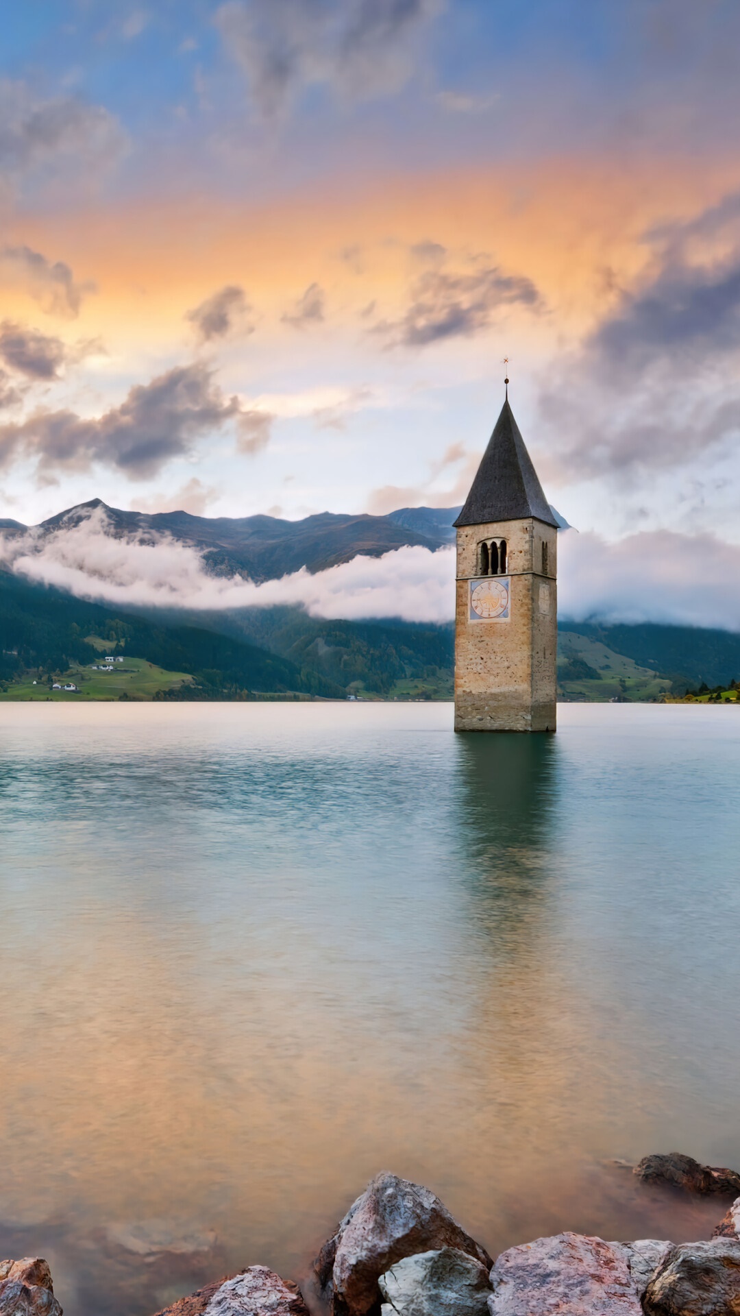 Sunken Church Tower in a Lake at Sunset HD Phone Wallpaper