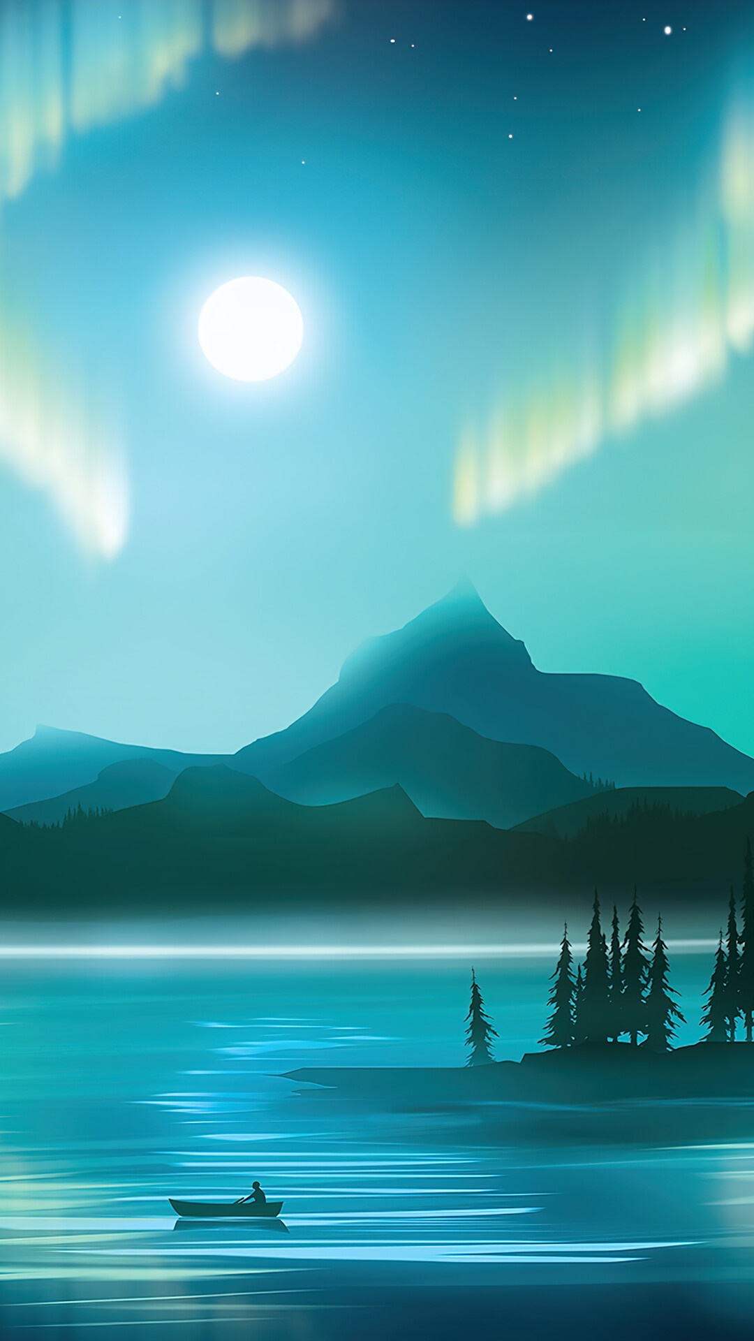 Aurora Borealis over a lake with mountains and a boat HD Phone Wallpaper