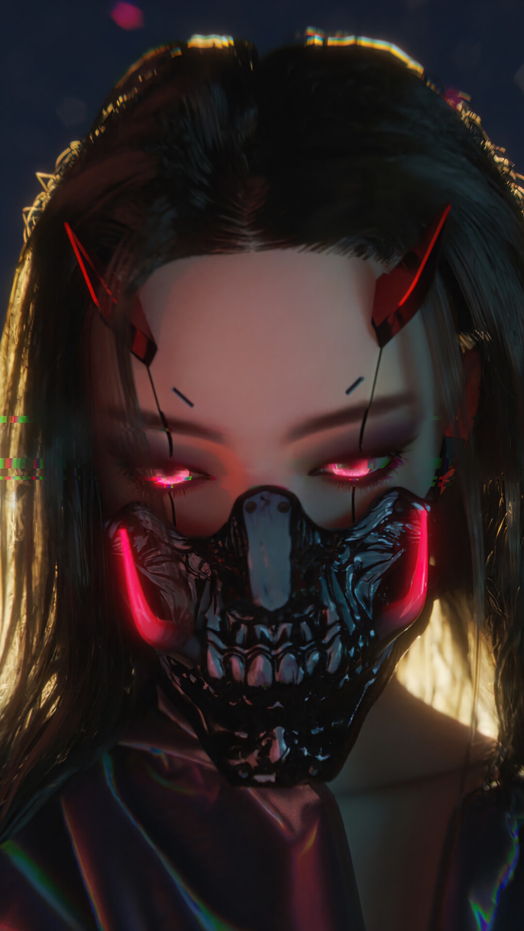 Cyberpunk girl with red horns and mask HD Phone Wallpaper