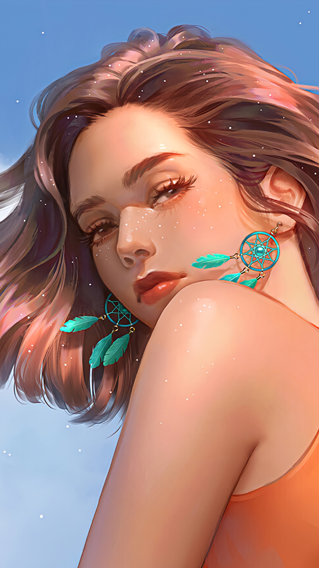 Digital art of a young woman with dreamcatcher earrings HD Phone Wallpaper