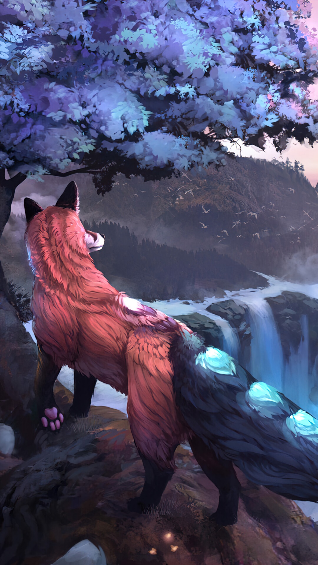 Fox in a mystical forest with a waterfall HD Phone Wallpaper