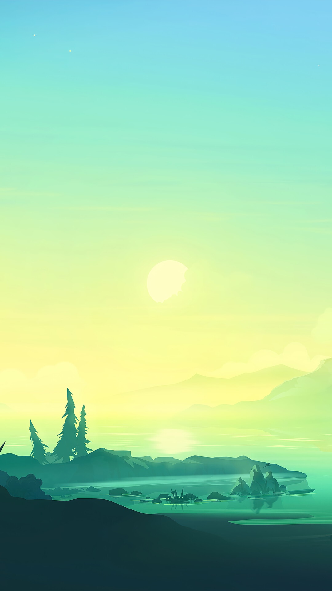 Minimalist sunrise over a calm lake with distant mountains HD Phone Wallpaper