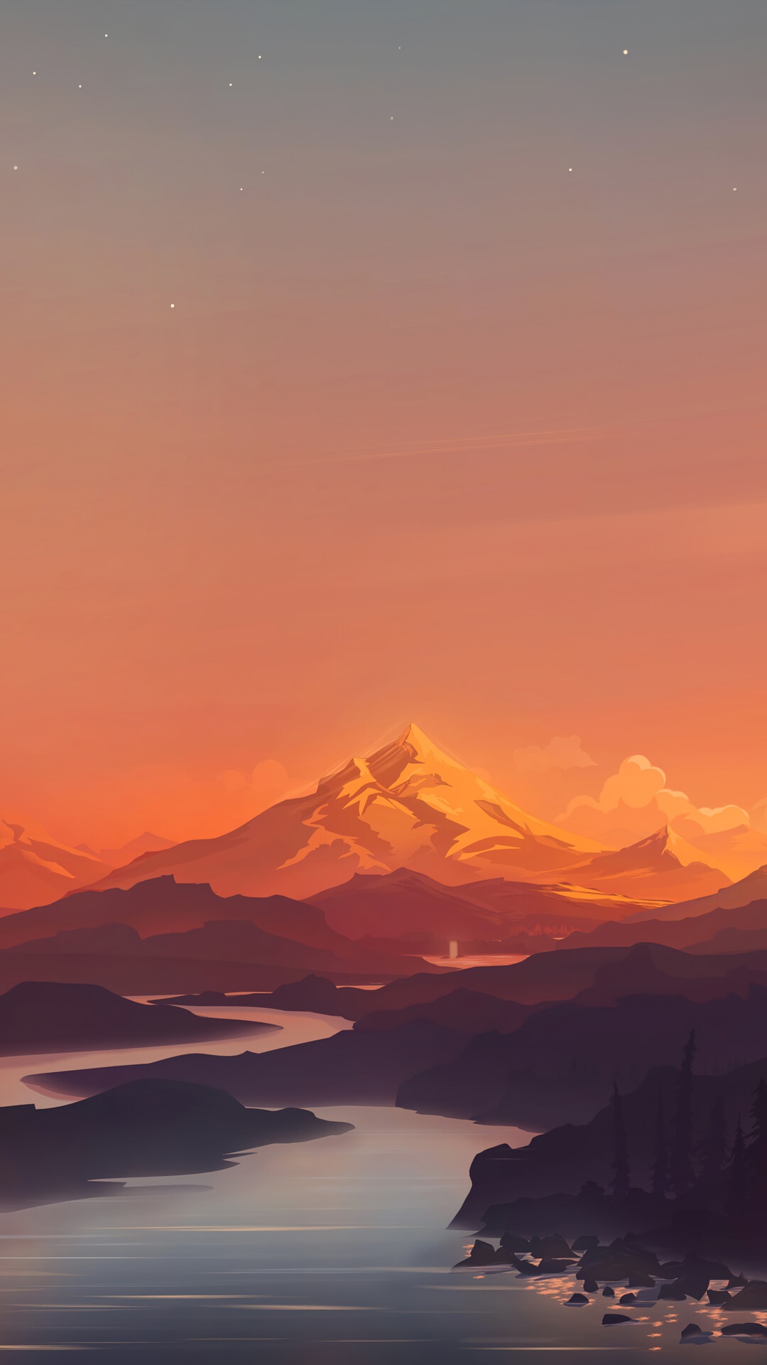 Mountain range with river at sunset HD Phone Wallpaper