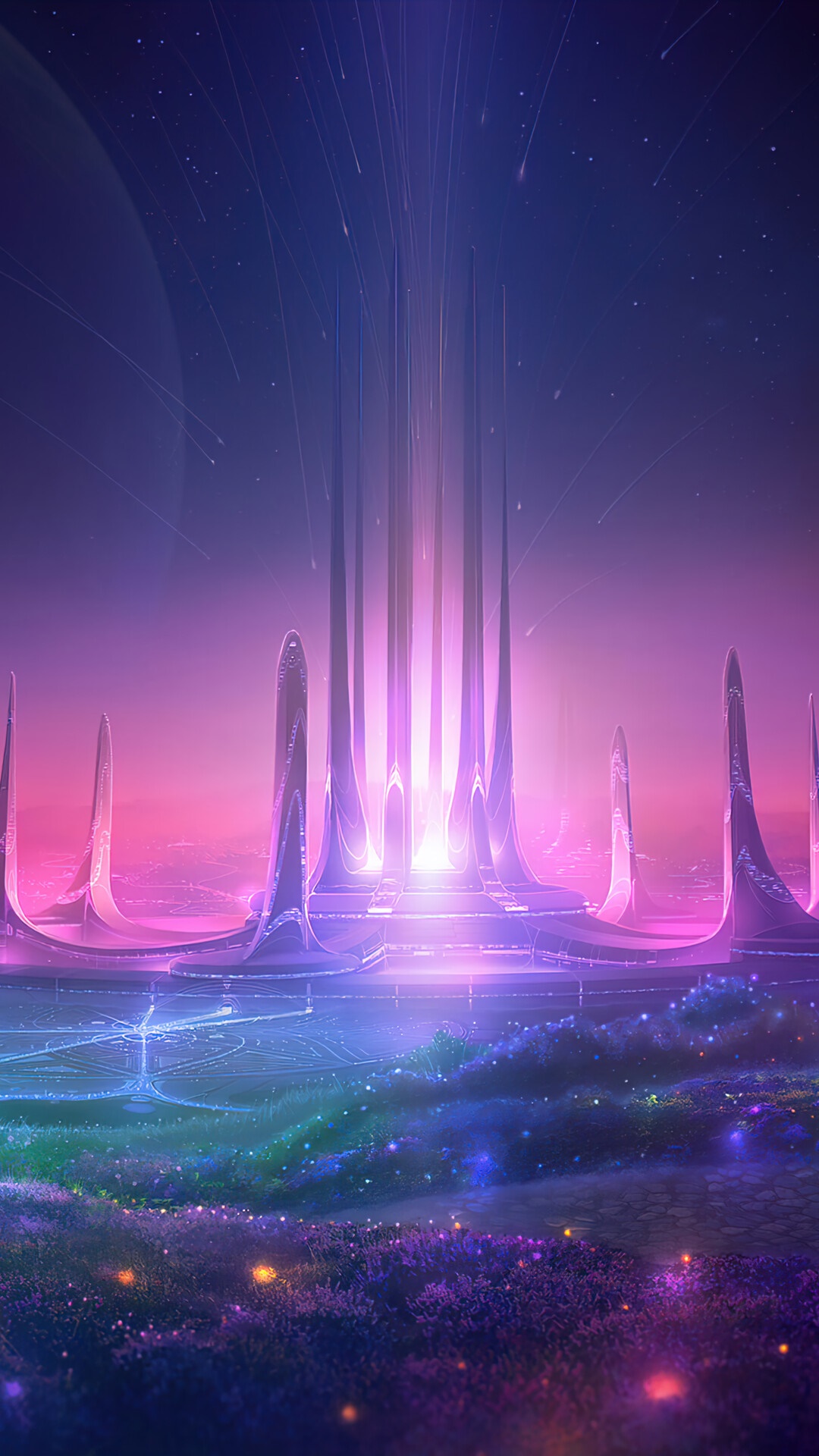 Fantasy landscape with glowing structures at night HD Phone Wallpaper