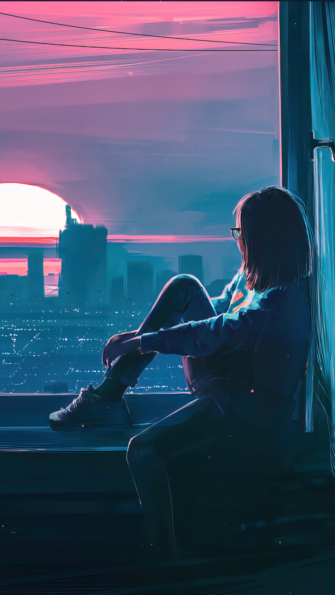 Girl watching sunset over city skyline HD Phone Wallpaper