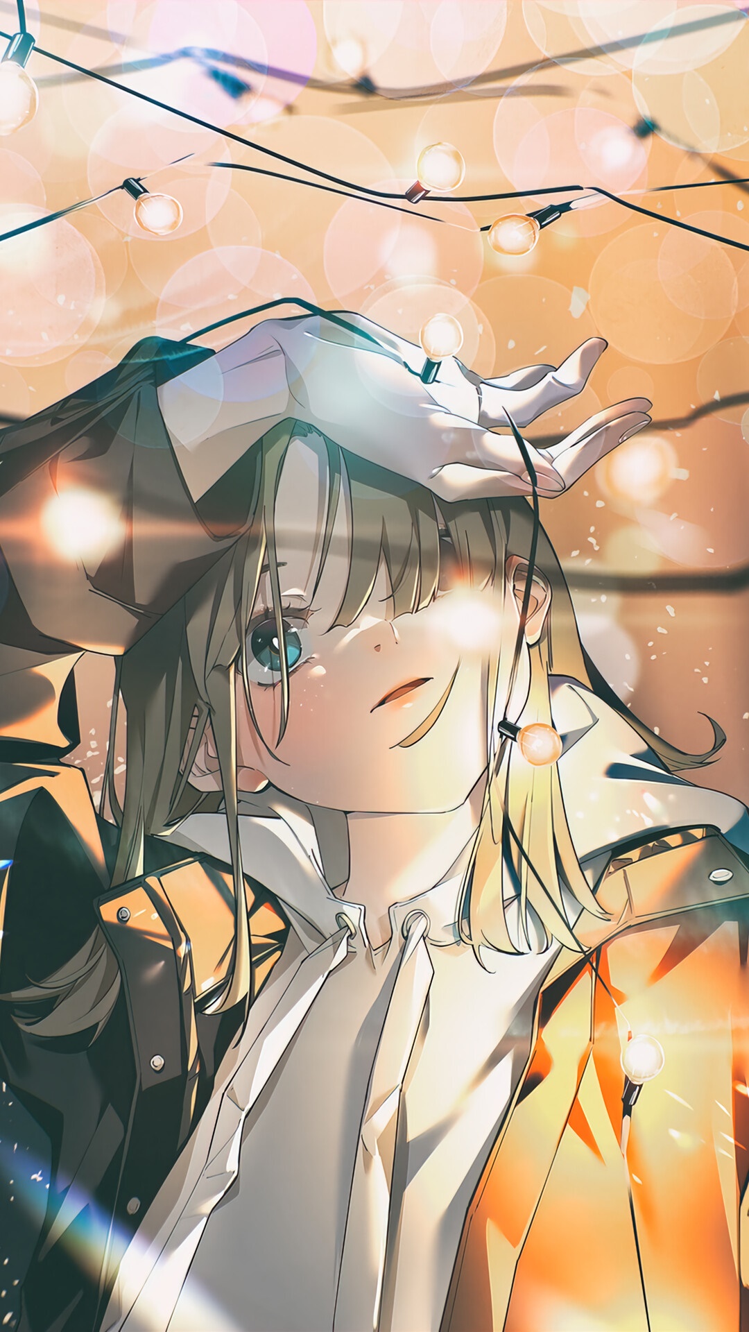 Anime girl with string lights HD Phone Wallpaper