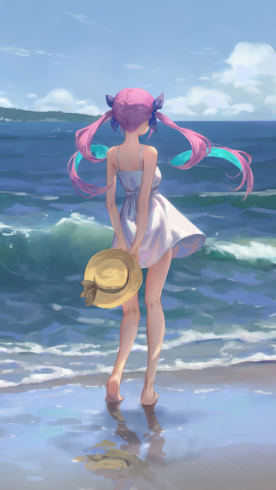 Anime girl with pink hair at the beach HD Phone Wallpaper