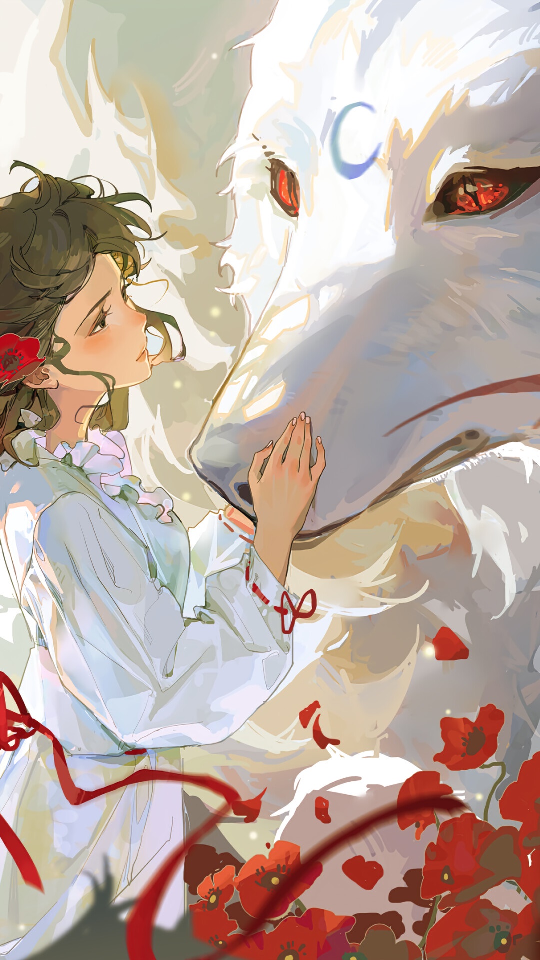 Anime girl with a white wolf and red flowers HD Phone Wallpaper