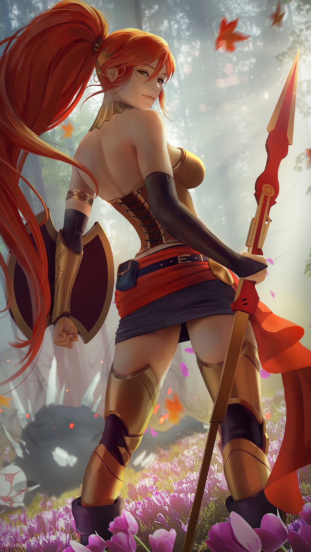 Pyrrha Nikos from RWBY holding a spear and shield HD Phone Wallpaper