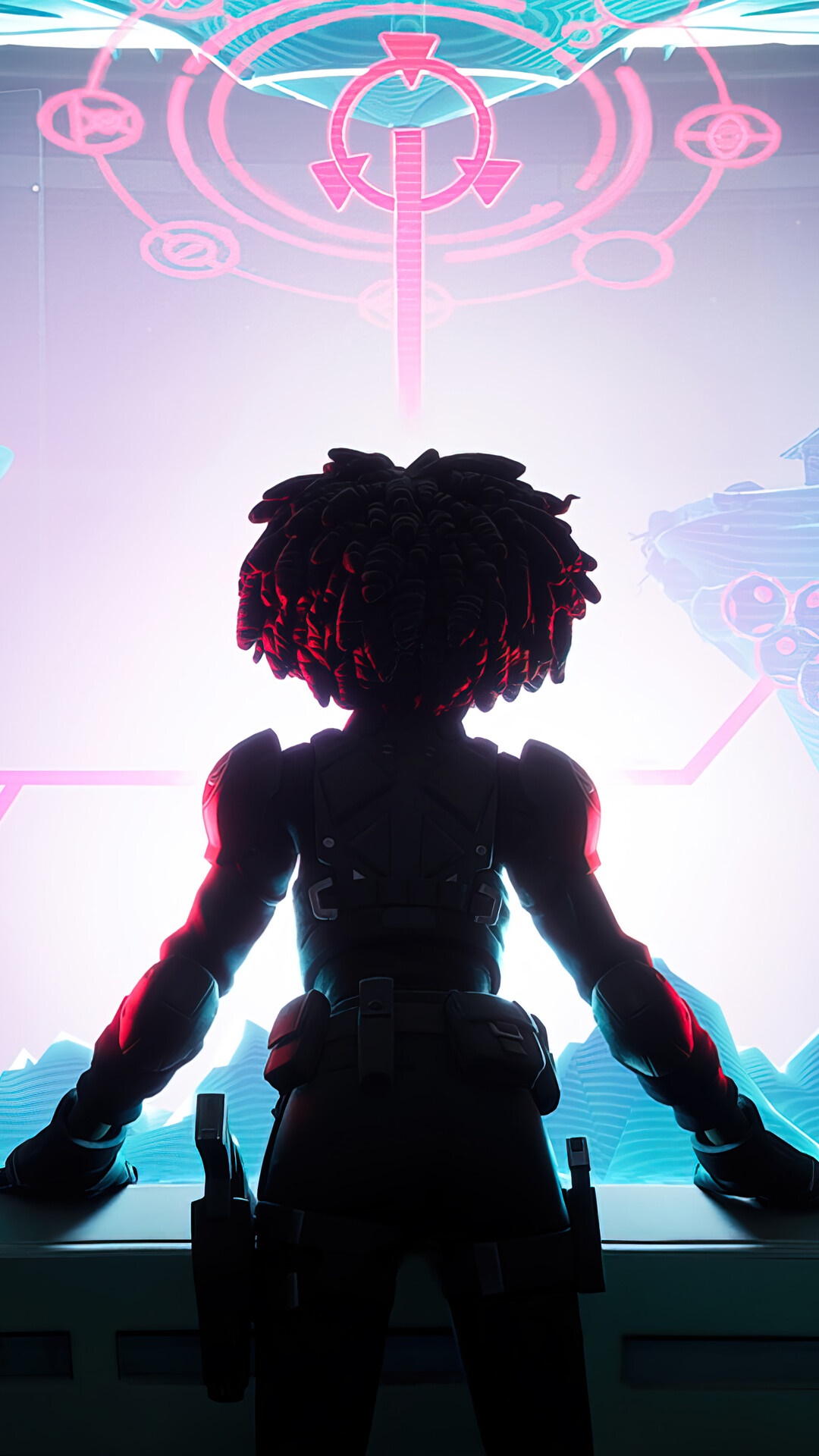Fortnite character looking at holographic display HD Phone Wallpaper