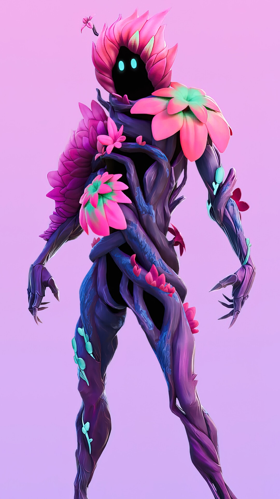 Fortnite character with pink flowers and vines HD Phone Wallpaper